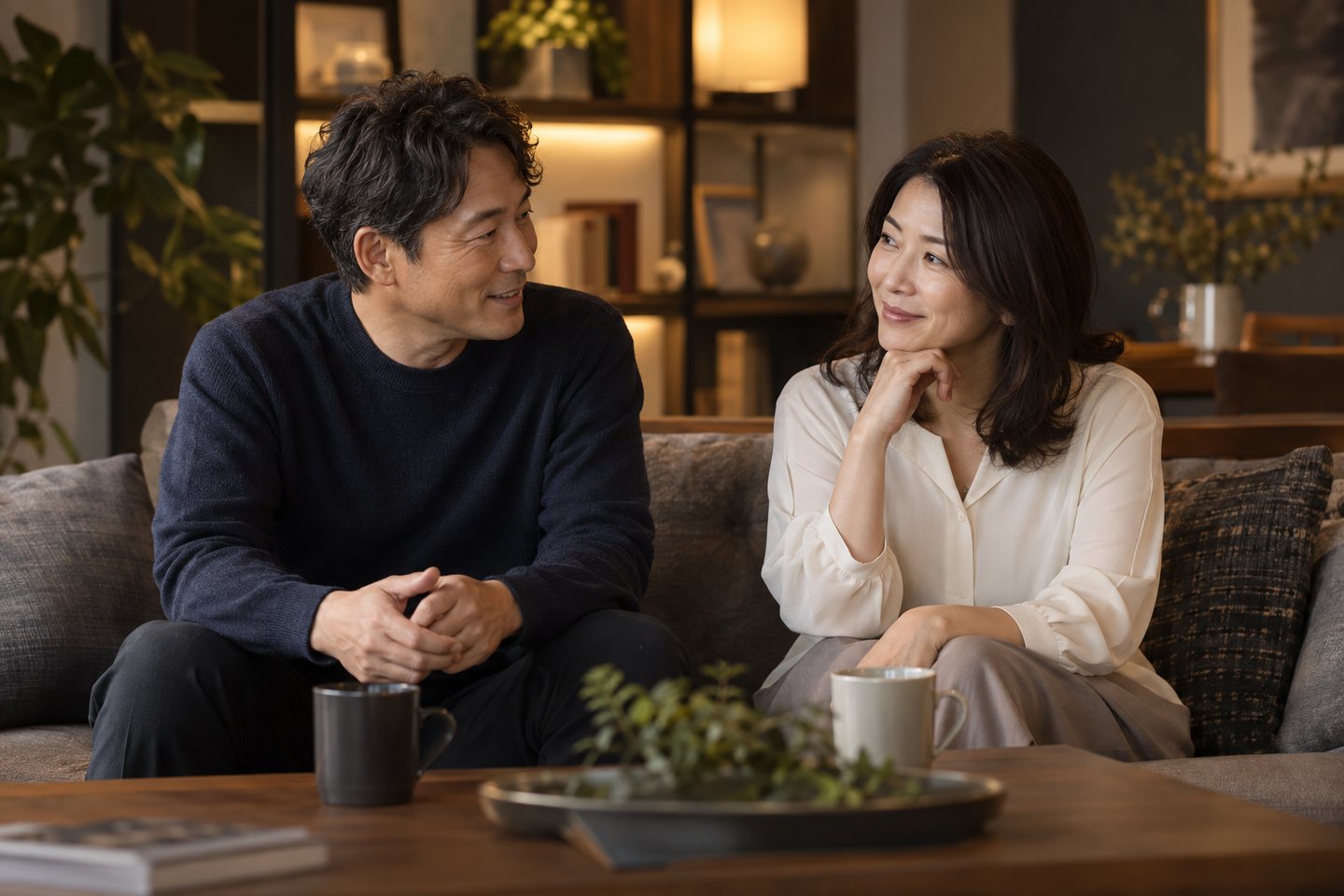 落ち着いたリビングで穏やかに会話する大人のカップルのイメージ