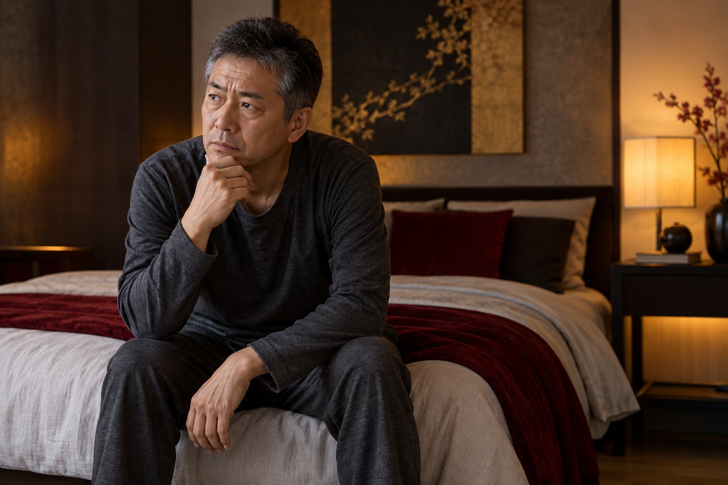 寝室で静かに考える50代の男性のイメージ