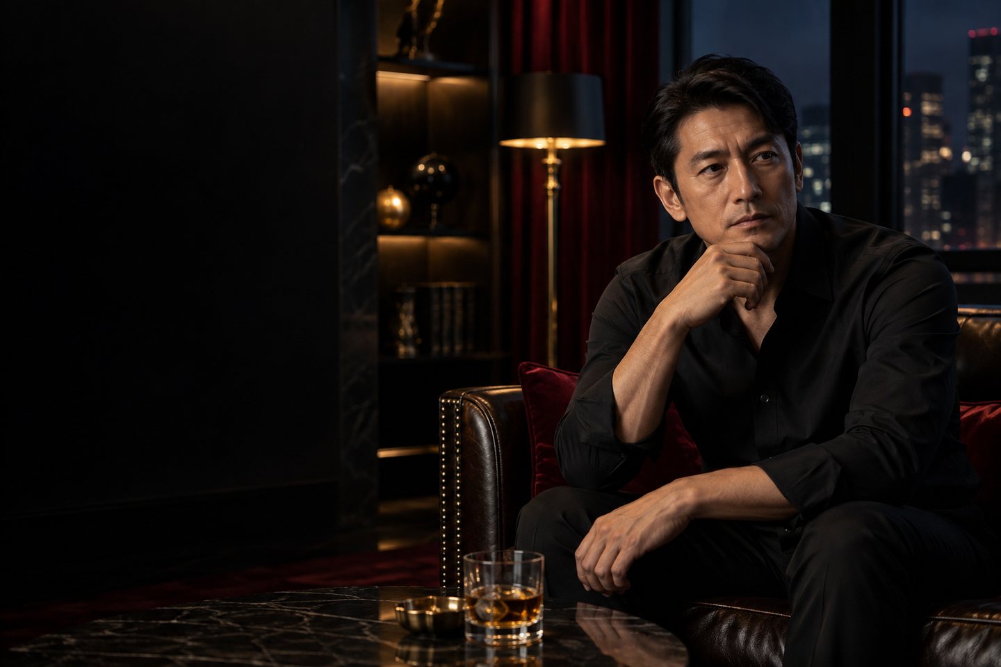 夜の室内で静かに考える大人の男性のイメージ